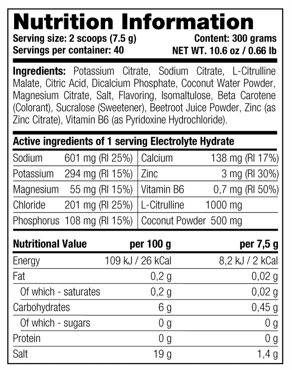 Electrolyte Hydrate — Nutrition Information