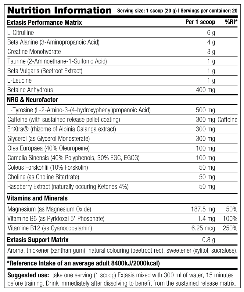 Extasis — Nutrition Information