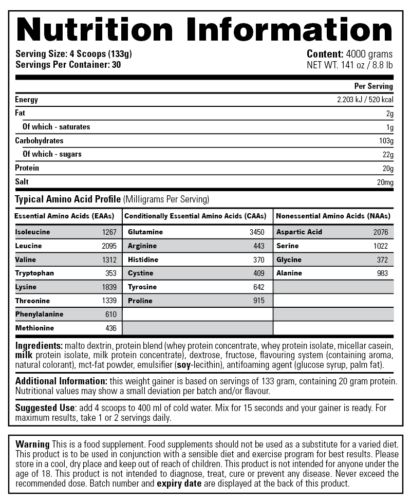 Ultra Mass Xtreme — Nutrition Information