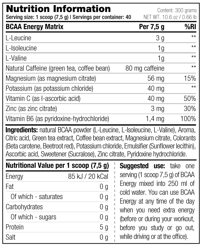 BCAA Energy — Nutrition Information