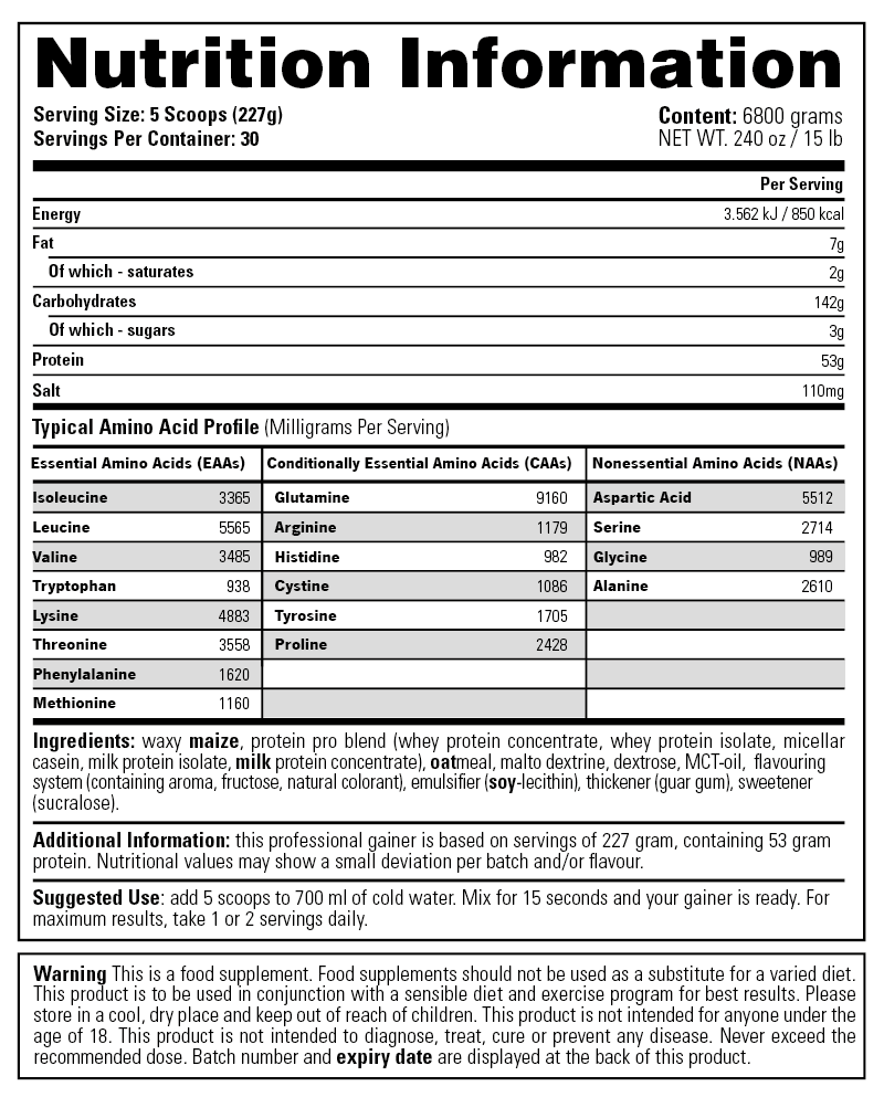 GIANT Mass Gainer — Nutrition Information